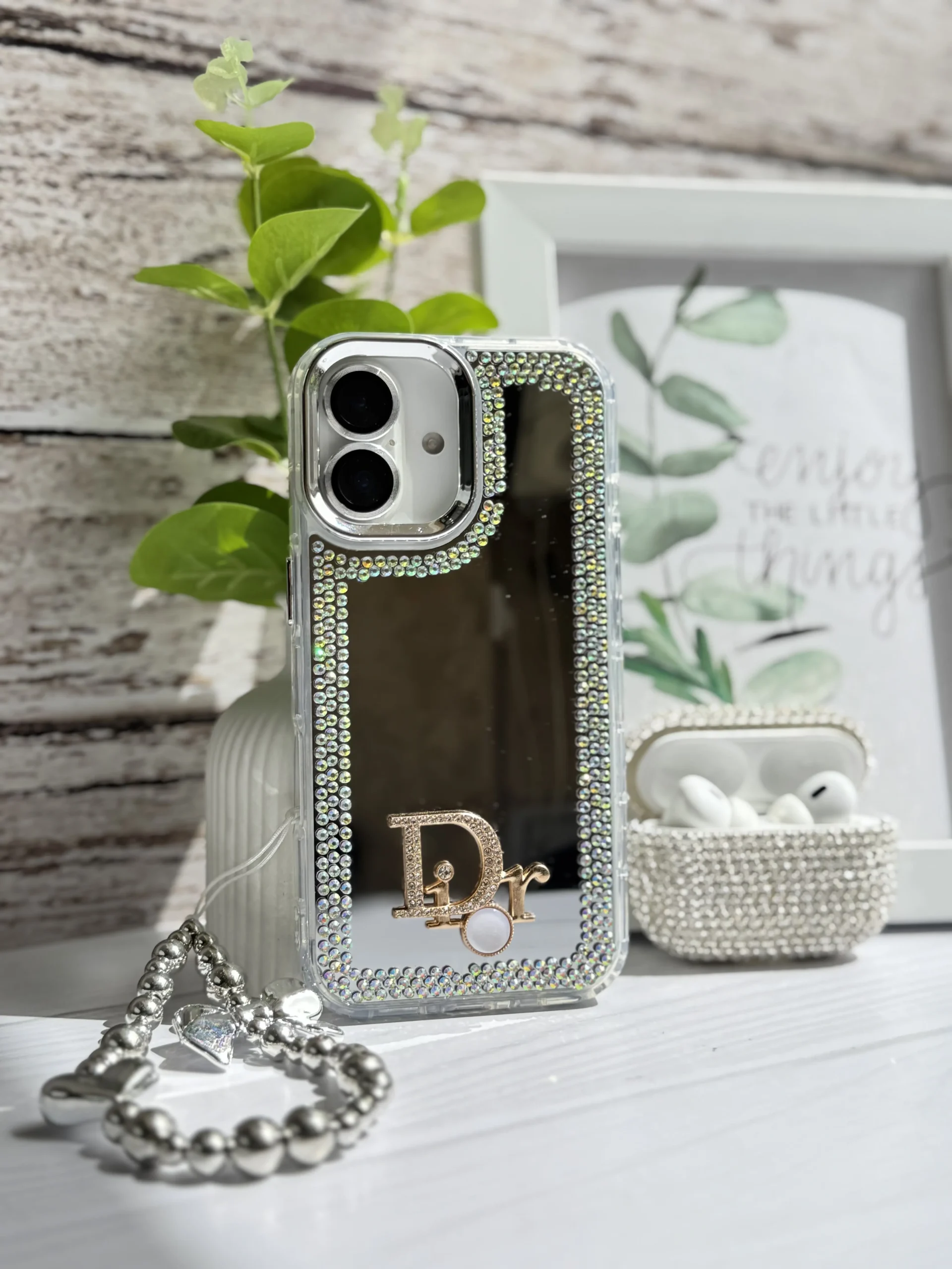 ec6806-2 قاب Dior آینه ای دور نگین با آویز قلبی پاپیونی (کدC1989) - Image 1