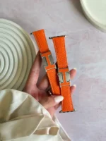 بند اپل واچ چرمی هرمس نارنجی با قفل طرح هرمس (کدw5075) - Image 3